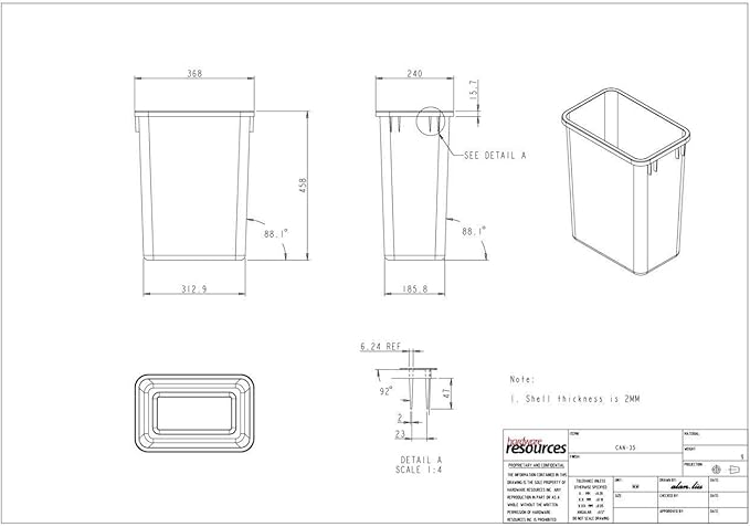 Hardware Resources Plastic Trash Can - Indoor Garbage Bin for Kitchen, Home, Office & Commercial Use - Large Waste Disposal Tub - Compatible with Pull-Outs & Frames - 35-Quarts (Pack of 1) (8.75-Gallon) - White