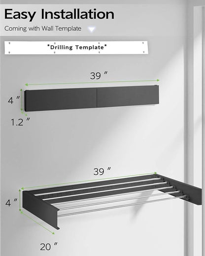 Vikaqi Wall Mounted Clothes Drying Rack 40", Foldable Wall Mount Laundry Rack Folding Indoor, Drying Rack Clothing Collapsible, Hidden Space Saver with Wall Template, 6 Rods, Black