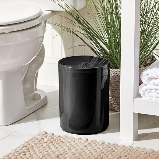 mDesign Plastic Small Slim Round 1.7 Gallon/6.5 Liter Trash Can with Removable Swing Lid - Wastebasket, Garbage Container Basket Bin for Master/Guest Bathroom - Holds Rubbish/Recycle - Black