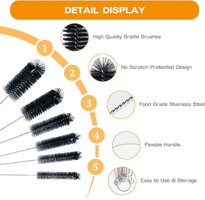 Brush Family Straw Cleaner Brush Set,6 Piece 12" Long Pipe Tube Bottle Brushes for Cleaning Narrow Neck Bottles,Coffee Maker,Glass Cups