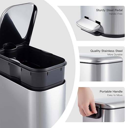 GlowSol Bathroom Trash Can with Lid, 3.2 Gallon 12 L Stainless Steel Step Trash Can with Removable Liner Bucket, Slim Small Wastebasket for Toilet Bedroom Office, Silver