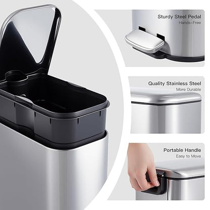 GlowSol Bathroom Trash Can with Lid, 3.2 Gallon 12 L Stainless Steel Step Trash Can with Removable Liner Bucket, Slim Small Wastebasket for Toilet Bedroom Office, Silver