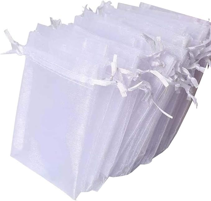 100 Pcs 5x7 inch Gift Wrap Bags, Organza Sheer Clear Tulle Fabric, White Drawstring Sachet for Baby Shower Favor, Birthday Party Favor, Bachelorette Party, Girls Graduation,Small Votive Candles,Marble