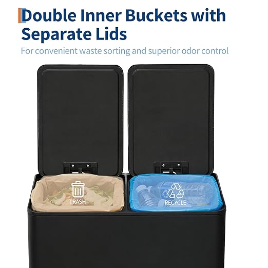 Dual 2 x 8 gal (2 x 30L) Stainless Steel Trash Can with Recycling Bin, Soft-Close Lid, Foldable Anti-Slip Step-on Pedal, Stainless Steel Handle, Removable Plastic Inner Buckets for Kitchen or Office
