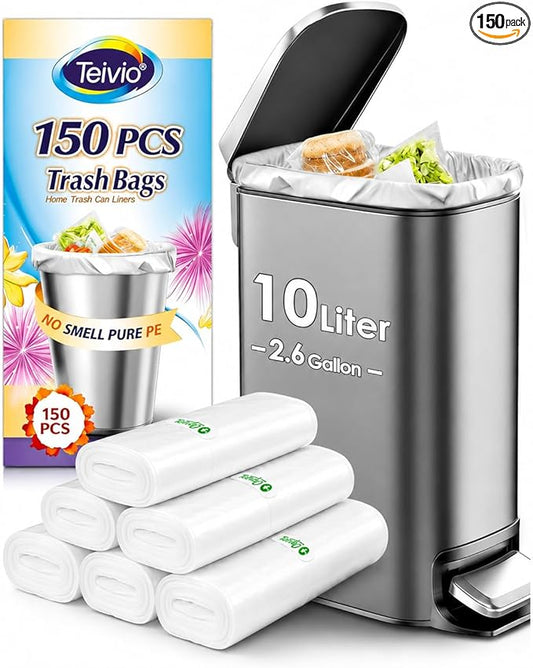 2.6 Gallon 150 Counts Small Trash Bags Garbage Bags by Teivio, Bathroom Trash Can Bin Liners, Small Plastic Bags for home office kitchen, Clear