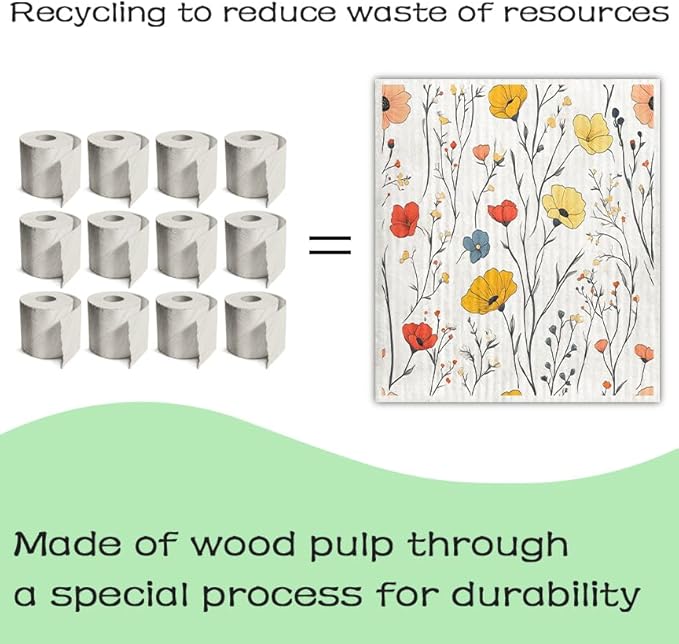 Swedish Dishcloths for Kitchen – 6 Pack Cellulose Reusable Cleaning Paper Towels – Soft, Quick-Drying, Washable Dish Rags for Kitchen, Counters & More (Wildflowers)