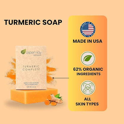 Turmeric Soap Bar for Face & Body – Handmade with Organic Shea Butter, Chamomile, Calendula – Gentle, Non-Drying Natural Face Wash for Sensitive Skin, All Skin Types, Made in USA 4.5 oz (6 Pack)