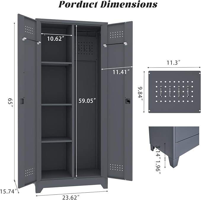 65" H Metal Storage Cabinet,Broom Closet Storage Cabinet with Adjustable Shelves,Locking Steel Cabinets with Pegboard and Hanging Rod,Utility Closet for Brooms and Mops,Grey