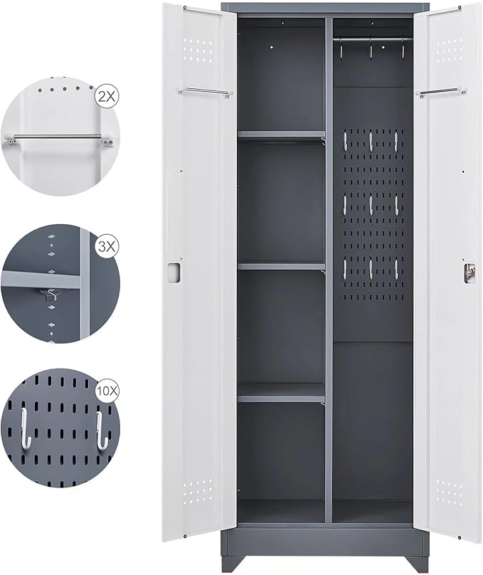65"H Metal Broom Closet Storage Cabinet, Freestanding Garage Storage Cabinet with Hanging Rod and Locking Doors, Bathroom Storage Cabinet, Cleaning Tool Cabinet for Garage Patio Garden, Grey White