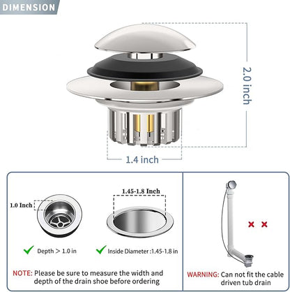 Universal 3 in 1 Bathtub Drain Stopper Bathtub, Pop-up Tub Stopper with Effective Filter Basket, Anti-Clogging Bathtub Drain Plug Bath Tub Stoppers for 1.45-1.8" Drain Shoe, Brushed Nickel