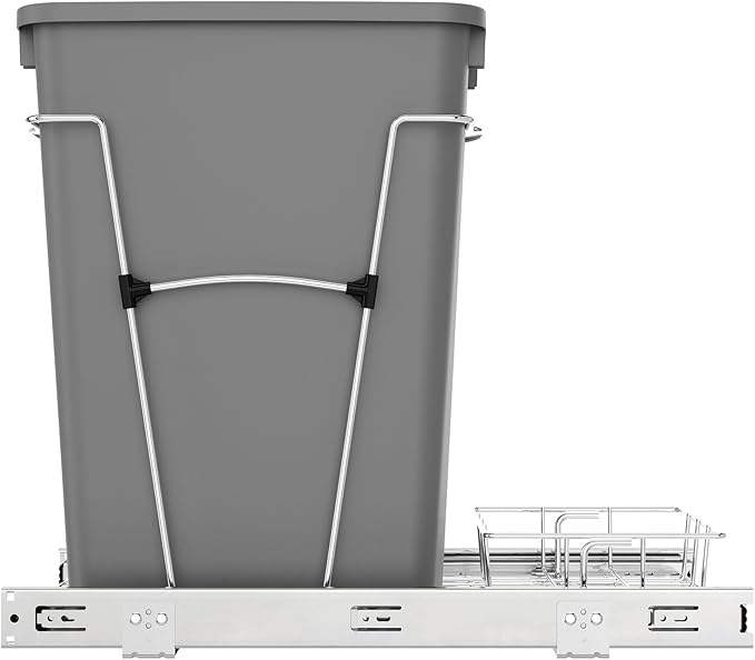 Rev-A-Shelf Single 35 Qt Pullout Trash Can for Base Kitchen Cabinets, Garbage Waste Bin System with Full Extension Slides, Min Opening Width of 11.5", Metallic Silver, RV-12KD-17C S
