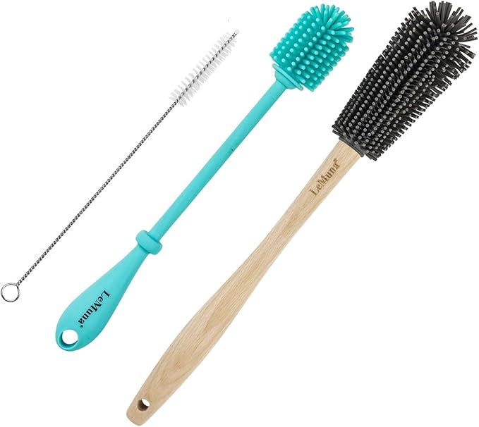Silicone Bottle Brush Set with Wooden Handle - Silicone Brush & Straw Cleaner for Hydro Flask, Sports Bottle, Glassware