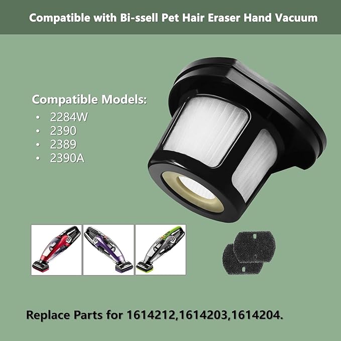 2284W Filter Compatible with Bissell Pet Hair Eraser Hand Vacuum 2284W, 2390, 2389, 2390A, Replace Parts for 1614212, 1614203, 1614204, 2 Pack Filter and 6 Foam Filter