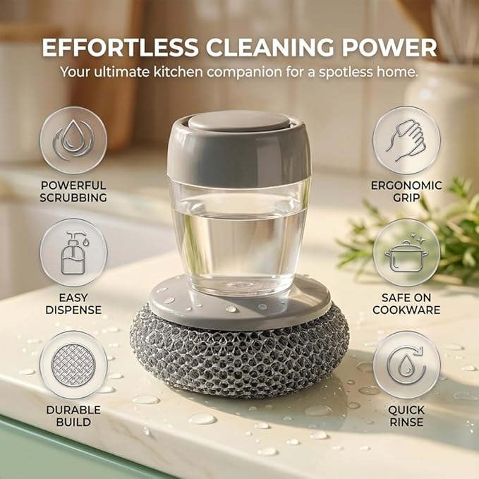 Sakerplus Soap Dispensing Palm Brush,One-Press Kitchen Scrub Brush with Built-in Soap Reservoir,Ergonomic Handheld Dish Cleaning Tool for Plates,Bowls,Glasses&Utensils (2, PET Material)