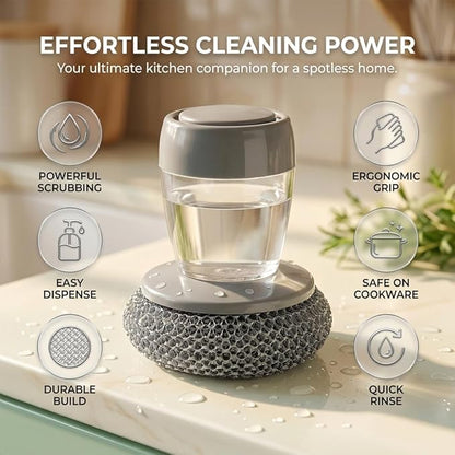 Sakerplus Kitchen Soap Dispensing Palm Brush, One-Press Dish Brush with Built-in Soap Reservoir, Handheld Kitchen Scrub Brush for Dishes, Bowls, Cups, & Everyday Cleanup (Steel Wire Material,1PC)