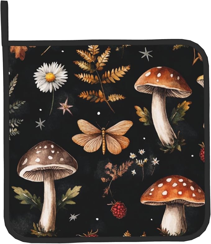 Mushroom Oven Mitts Set – Vintage Pot Holders Kitchen Gloves for Women Farmhouse Kitchen Mitts Floral Herb Potholders Set of 2 Durable for Cooking Baking