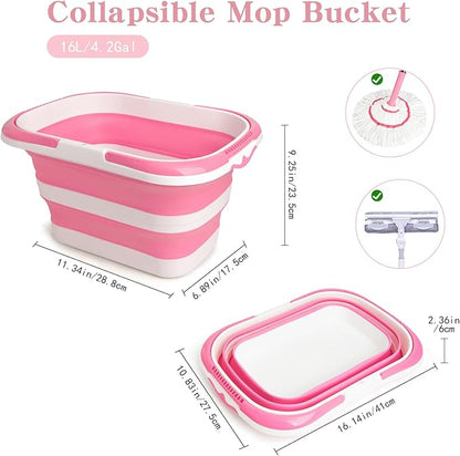 Large Collapsible Bucket for Cleaning, 4.2 Gallon (16L) Silicone Bucket with Handle & Hanging Hole, Foldable Space-Saving Mop Bucket for Home, Storage. Car Wash, Camping, Beach (Pink White)