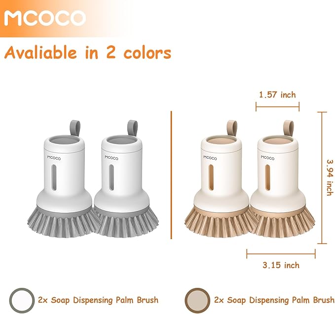 Soap Dispensing Palm Brush Scrub Brush with Soap Dispenser Palm Dish Brush Soap Dispenser Brush Dish Scrub Brush for Kitchen Cleaning, Pan, Pot, Sink 2 Pack White