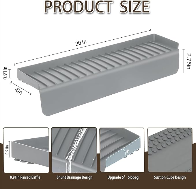 Silicone Sink Edge Protector with Suction Cup 4" x 20",Kitchen Sink Splash Guard for Kitchen, Bathroom Sink, Steel, Granite, Quartz Countertops,Multifuctional Sink Accessories (Gray)