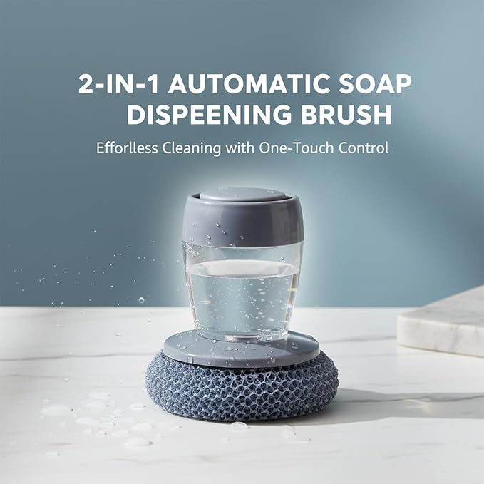 Sakerplus Dish Brush Kitchen Soap Dispensing Palm Brush, Comfort Grip Soap Dispensing Kitchen Scrub, Palm Brush Dish Scrubber with Holder for Kitchen Sink (2, Light Gray, PET)