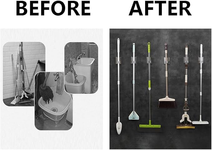 HANZE Stainless Steel Mop Broom Holder Organizer, Self Adhesive Wall Mounted Mop Organizer Storage Rack Clip for Kitchen Bathroom and Garage (Model 2 (2 Pakck))