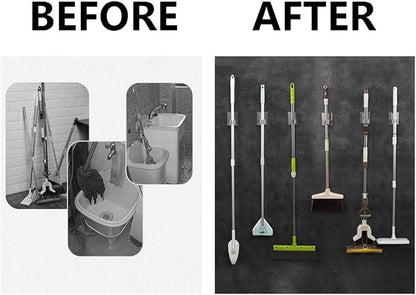 HANZE Stainless Steel Mop Broom Holder Organizer, Self Adhesive Wall Mounted Mop Organizer Storage Rack Clip for Kitchen Bathroom and Garage (Model 2 (2 Pakck))