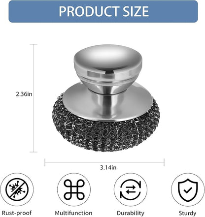 4Pcs Steel Wool Scrubber Set, Stainless Steel Scrubber with Stainless Steel Handle, for Cleaning Dishes, Cast Iron, Stock Pots, Pans, Griddles, Grills