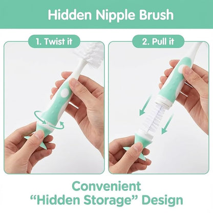 Ariseno 5-in-1 Baby Bottle Brush Set, Bottle Brush for Baby, Bottle Cleaner Brush Set, Including Nylon and Silicone Bottle Brush, Bottle Cap Brush, Straw Brush, Nipple Brush, BPA-Free (Green)
