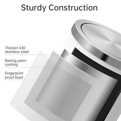 Mbillion Small Trash Can with Swing Lid 2.4 Gallons/9 Liter, Mini Trash Can with lid, Stainless Steel Cylindrical Garbage Can for Home and Office Bathroom Bedroom, for Ground and Desktop White
