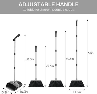 Broom and Dustpan Set for Home, 51-in Long Adjustable Handle Angle Broom and Dustpan Combo Set with Dust Pan Teeth to Clean Hair for Home Kitchen Office Lobby Floor Garden (Black&Grey)