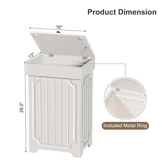 Povrgive Wood Trash Can Cabinet, 13 Gallon Hidden Kitchen Garbage Can with Lid, Farmhouse Dog Proof Trash Can, Metal Ring Included, 16" L x 13" W x 26.5" H, White