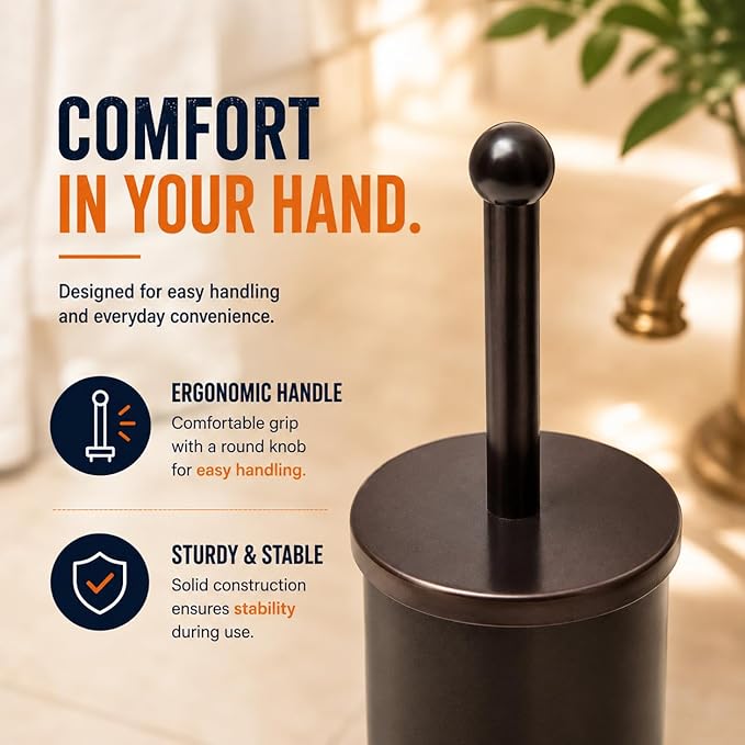 HUJI Rust Resistant Bronze Toilet Brush Holder with Lid Perfect Bathroom Bowl Cleaning Set Gift for House Warming or College Dorms Accessories (1, Bronze Toilet Brush)
