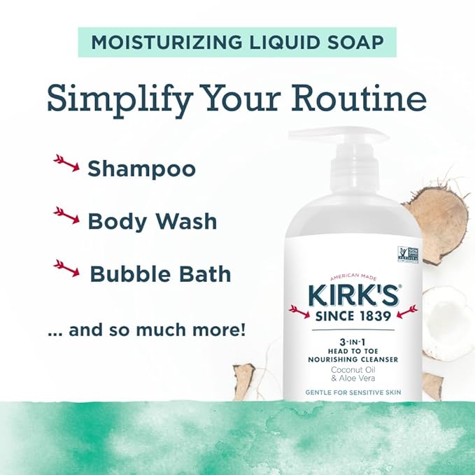 Kirk's Mint and Eucalyptus 3-in-1 Nourishing Cleanser, Shampoo Body Wash Bubble Bath, Coconut Oil and Aloe Vera, Vegan Non-GMO, 32 Fl Oz