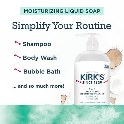 Kirk's Mint and Eucalyptus 3-in-1 Nourishing Cleanser, Shampoo Body Wash Bubble Bath, Coconut Oil and Aloe Vera, Vegan Non-GMO, 32 Fl Oz