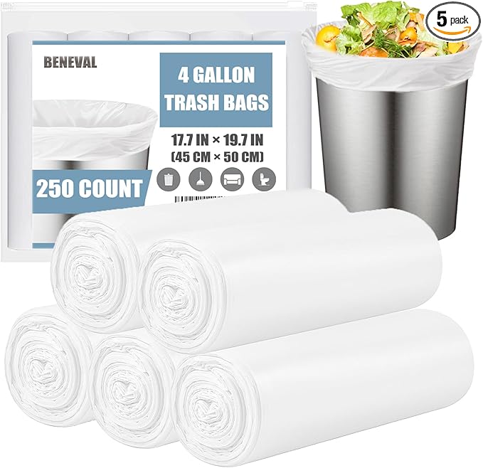 Beneval 4 Gallon Small Trash Bags, 250 Count, Unscented, Transparent, Durable, Ideal for Bathroom, Kitchen, Office, Bedroom
