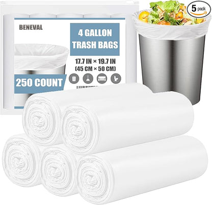 Beneval 4 Gallon Small Trash Bags, 250 Count, Unscented, Transparent, Durable, Ideal for Bathroom, Kitchen, Office, Bedroom