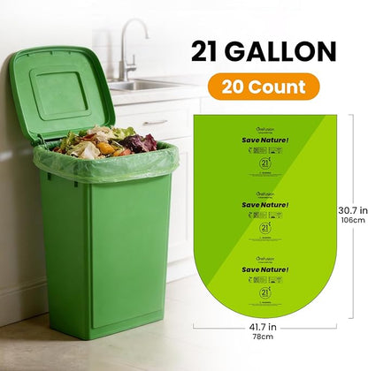 GreFusion Compostable Trash Bags 21 gallon,20 Count,Extra Thick 1.28 Mills,Fits13-25 gallon trash can, Extra Strong and thick,Compostable Lawn & Leaf Yard Waste bags,ASTM D6400,Bpi Certified