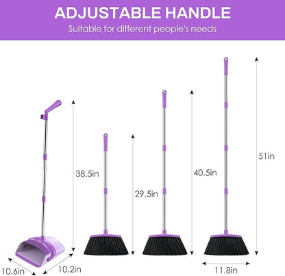 Broom and Dustpan Set for Home, 51-in Long Adjustable Handle Angle Broom and Dustpan Combo Set with Dust Pan Teeth to Clean Hair for Home Kitchen Office Lobby Floor Garden, Purple