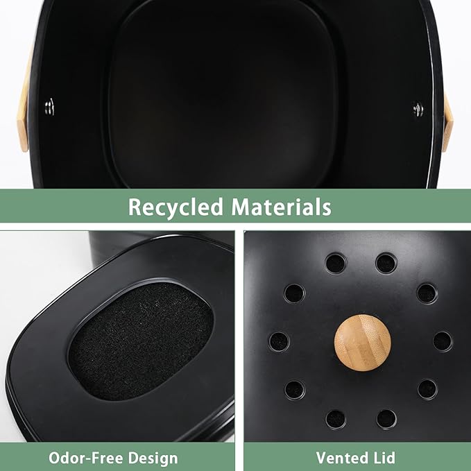 Vipush Compost Bin Kitchen Countertop Compost Bin with lid – Small Compost Bin Made of Sustainable Bamboo Fiber Includes Charcoal Filter, Black