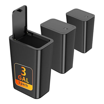 N. NETDOT 3 Pack Small Trash Can with lid, 3 Gallon Bathroom Trash Can,Garbage Can Slim Trash Bin Waste Basket for Bathroom,Kitchen,Bedroom,Living Room,Office,Laundry - Black