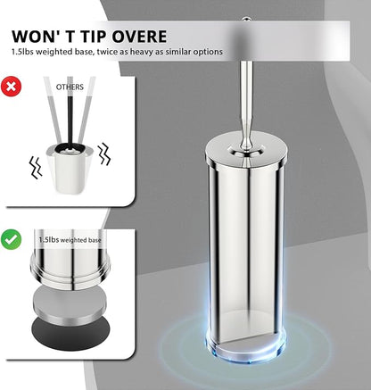 Premium 304 Stainless Steel Toilet Brush and Holder: Weighted Stable Base, Removable Inner Tube, Splash-Proof Design for 360° Thorough Cleaning & Space-Saving Storage,Chrome