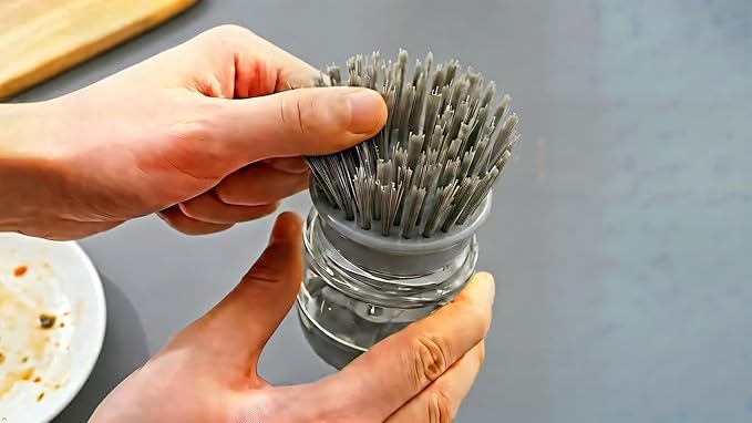 Soap Dispensing Dish Scrubber Brush with Storage Bracket - Replaceable Palm Brush for Kitchen Pot, Pan and Sink Cleaning, Drainage Base, Dish Washing Brush, Kitchen Brush for Cleaning