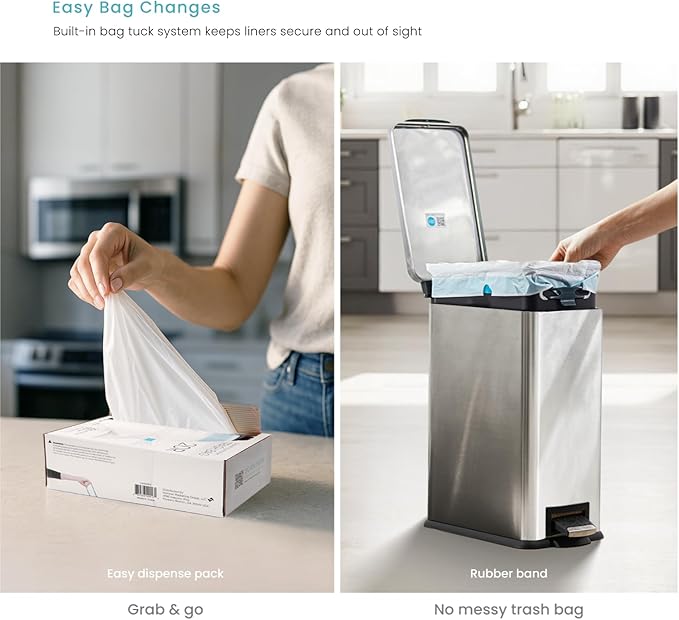 Home Zone Living 8 Gallon and 3 Gallon Slim Stainless Steel Trash Can Combo Set with Soft-Close Lid and Bag Tuck Design, Silver