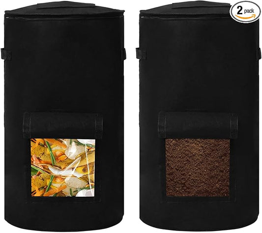 2 Pack Compost Bins Outdoor, 34 Gallon Home Compost Bucket with Handles, Heavy Duty Nonwoven Fabric Yard Waste Bag, Collapsible Felt Pouch for Leaves, Grass, and Kitchen Scraps