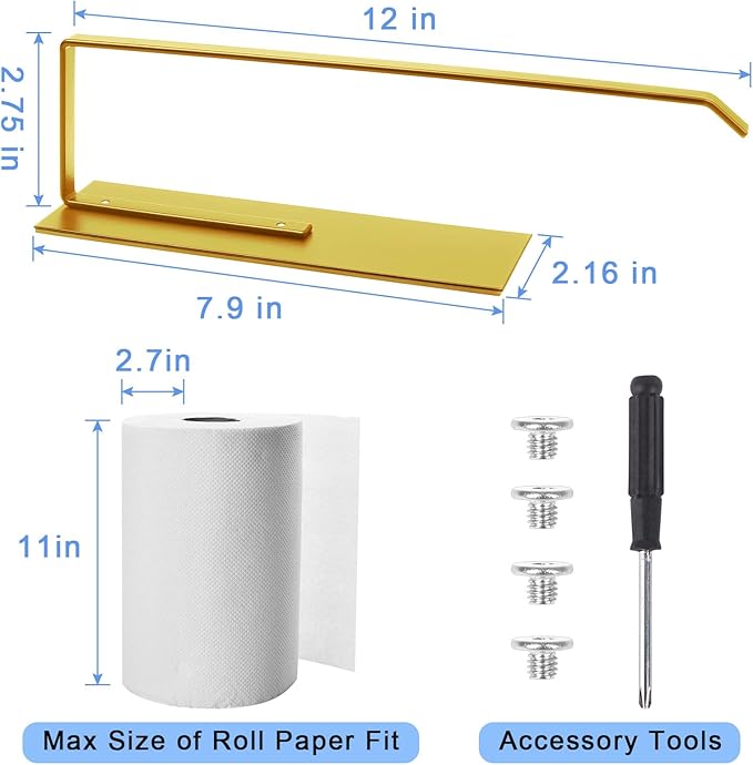 Gold Paper Towel Holder, Magnetic Paper Towel Holder for Fridge, Toilet Paper Roll Holder Magnet Towel Rack Wall Mount Fridge Organizer for Paper Towels Rolls Bathroom Pantry RV Kitchen Storage Golden