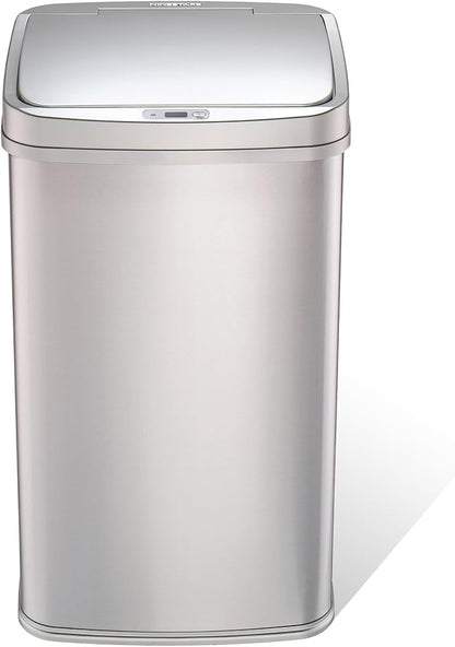 Ninestars 13 Gallon Automatic Trash Can, 50L Touchless Motion Sensor Garbage Can with Odor-Sealing Lid, Rectangular Stainless Steel, Silver Trim