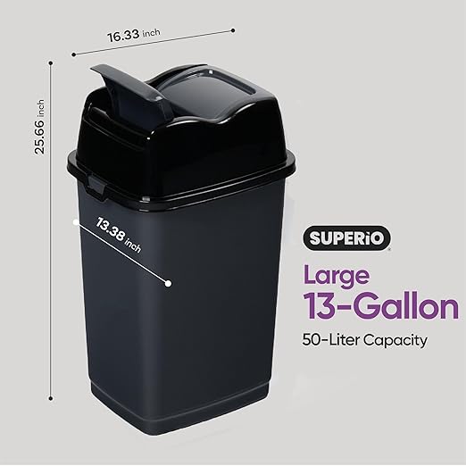 Garbage Cans with Swing Top-Split Lids | Large Kitchen Trash Cans with Lids | Durable Plastic |Slim & Sturdy Trash Bins | Fingerprint Resistant | 13 Gallon / 50 qt / 50 L - Grey/Black | Superio