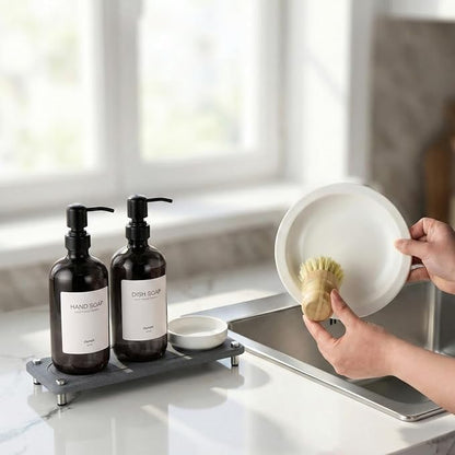 2 Pack Kitchen Soap Dispenser Set - 16oz Black Glass Dish and Hand Soap Dispenser with Stainless Steel Pump, Instant Dry Tray, Dish Brush & Holder, Refillable Countertop Sink Decor for Kitchen & Bath