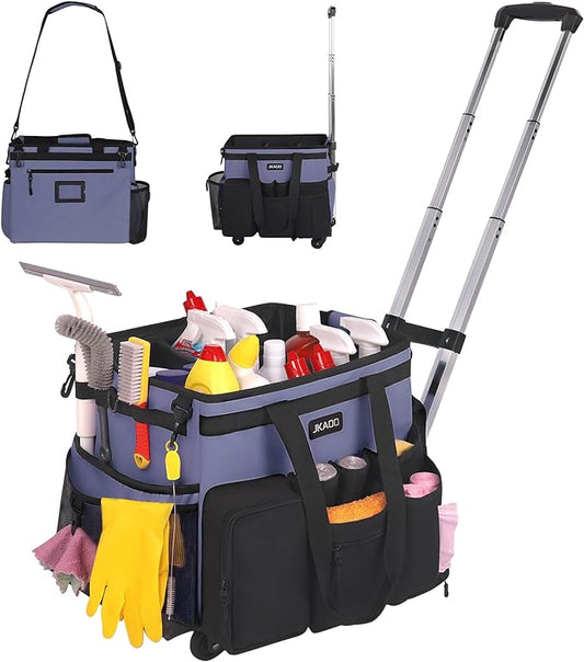 JKAOO Large Rolling Cleaning Caddy Bag with Detachable Trolley, Waterproof Cleaning Caddy on Wheels for Housekeepers, Cleaning Cart Supplies Organizer for Home,Car,Office,Picnic (Denim Blue)(InPatent)