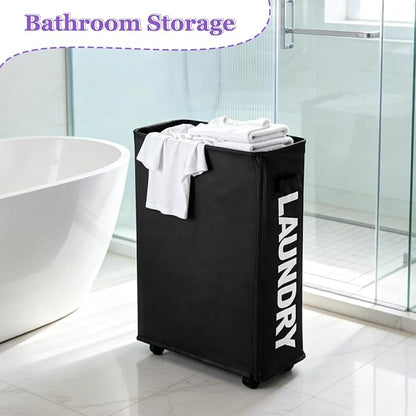 Black Rolling Laundry Hamper, Slim Laundry Basket with Wheels for Small Spaces, 42L Tall Narrow Dirty Clothes Hamper, Collapsible Laundry Bin for Bedroom Dorm Laundry Room